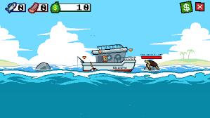 Bright pixel art gameplay scene with a fishing boat in Scale the Depths