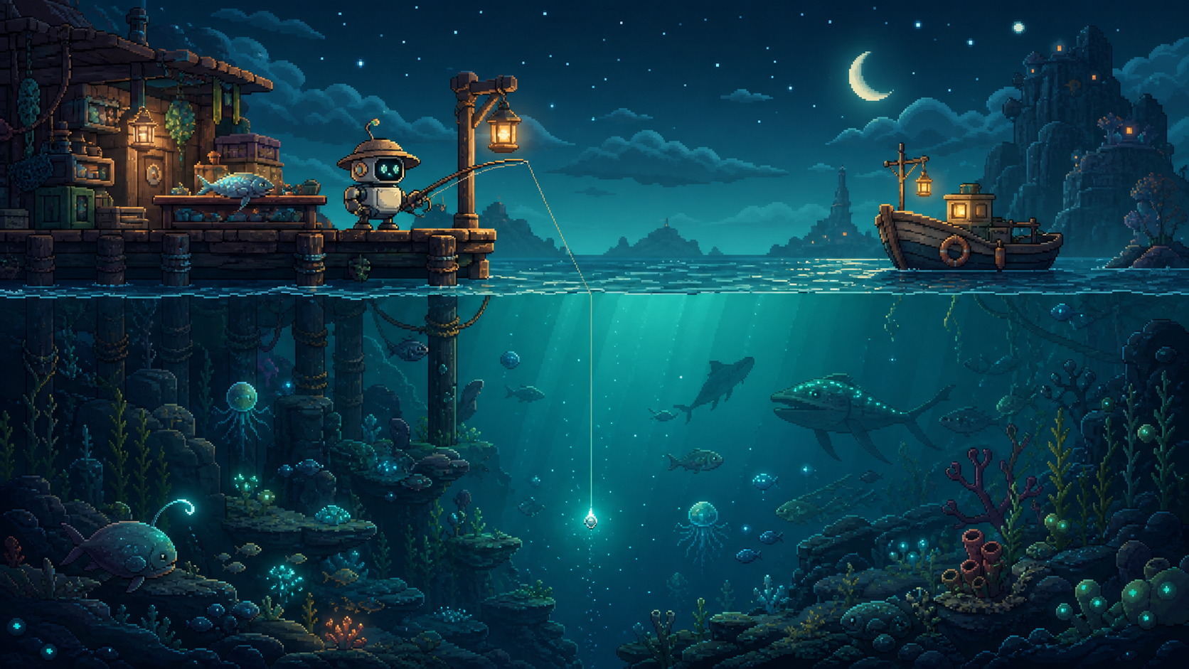 Pixel art fishing robot on a moonlit deep-sea dock
